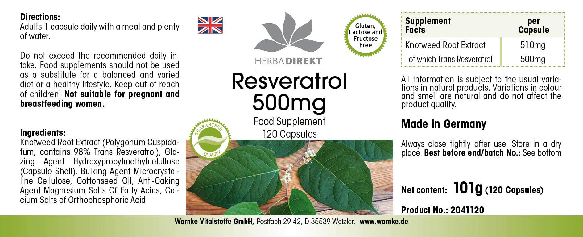 Resveratrolo 500mg - altamente dosato - vegan - 120 capsule - | HERBADIREKT by Warnke Vitalstoffe - Qualità da farmacia tedesca