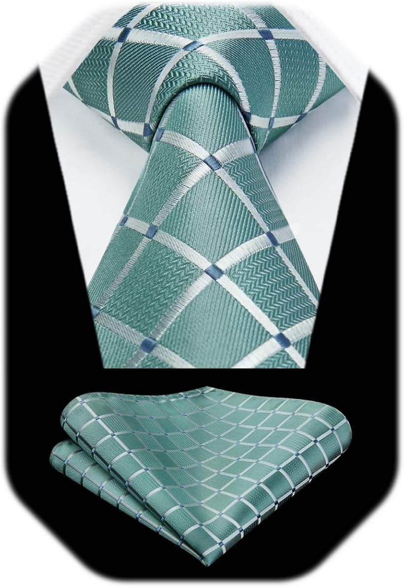 HISDERN Plaid Checkered Tie Handkerchief Woven Classic Formal Men's Necktie & Pocket Square Set