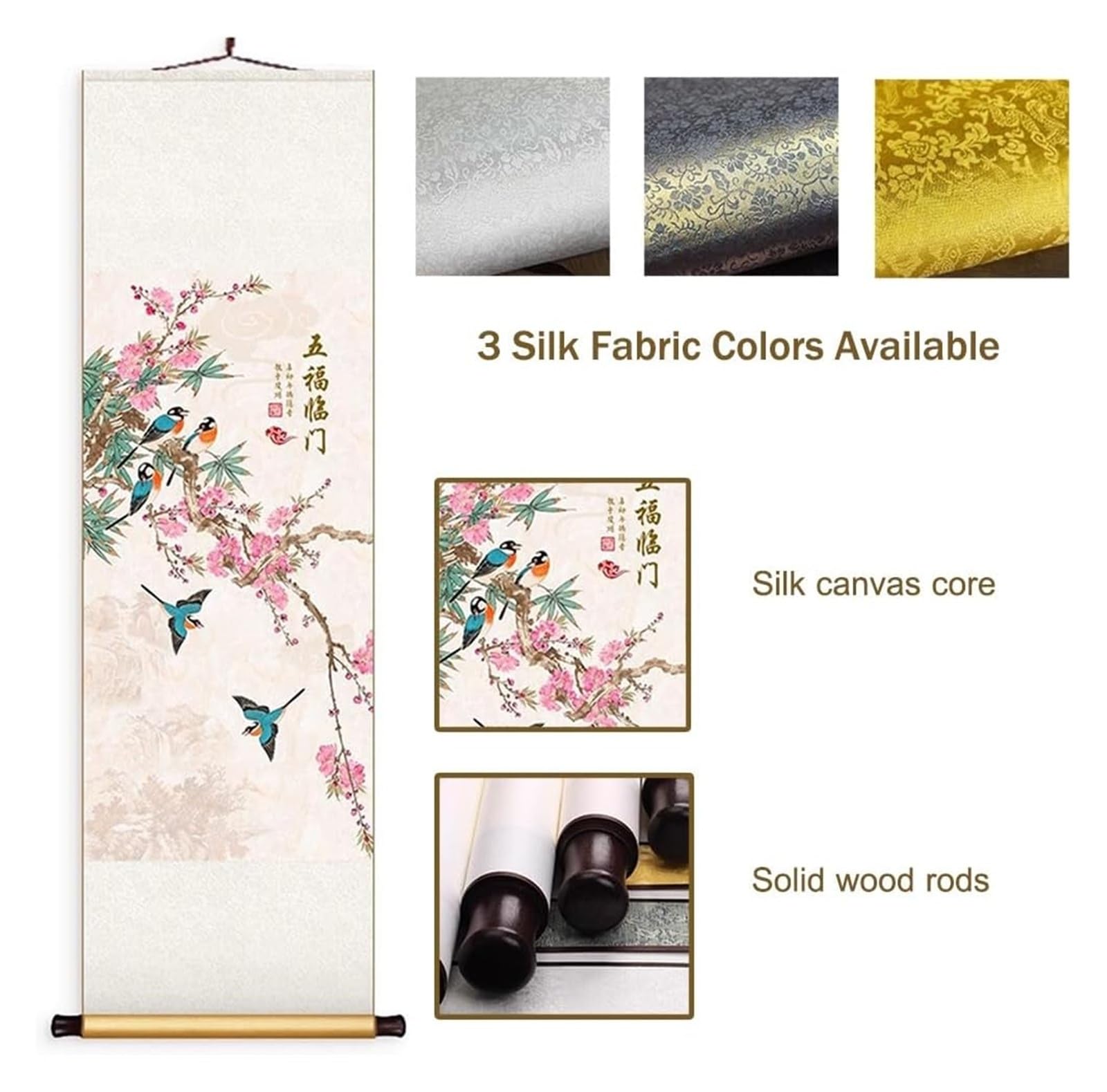 Chińskie malarstwo z motywem kwiatów i ptaków, elegancka orientalna dekoracja ścienna z jedwabiu na tło korytarza, gotowa do powieszenia na prezent(Yellow A,40L x 128W cm)