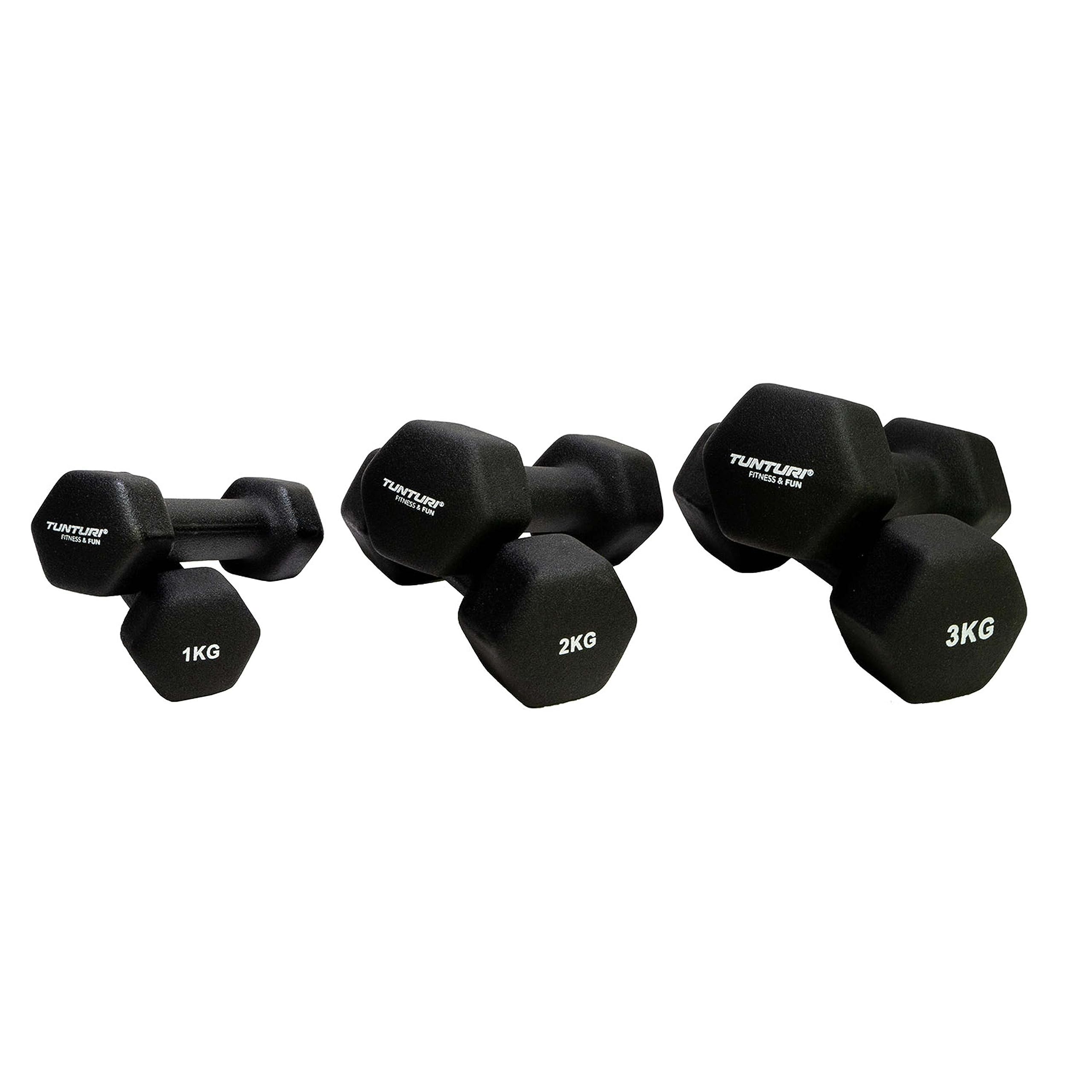 Tunturi 6er Set Kurzhanteln mit Rack, Hantelset mit je 2 x 1 kg, 2 kg, 3 kg, Kurzhantelset, Hanteln aus Gusseisen