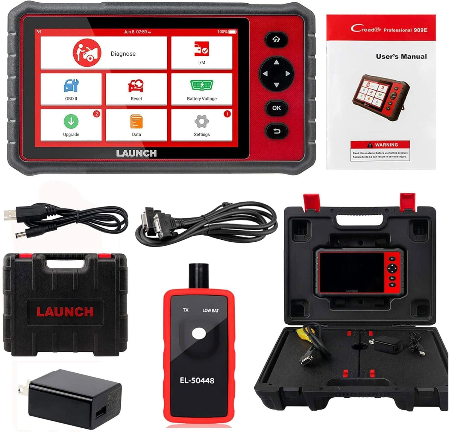 Screen showing the 10 OBD2 functions: Read Codes, Erase Codes, MIL Fault Indicator Light, Live Data, EVAP System Test, On-board Monitor Test, View Freeze Frame, O2 Sensor Test, Vehicle Info, I/M Readiness, and DTC Lookup