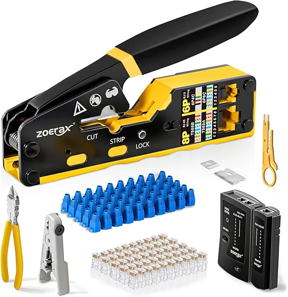 ZoeRax Ethernet Crimping Tool Kit RJ45 Crimp Tools,CAT5 Cat5e Cat6 RJ45 Crimping Tool Kit With Cable Tester, Multiply Stripper, Blades,50Pcs Cat 6 Pass Through Connectors and Strain Relief Boots