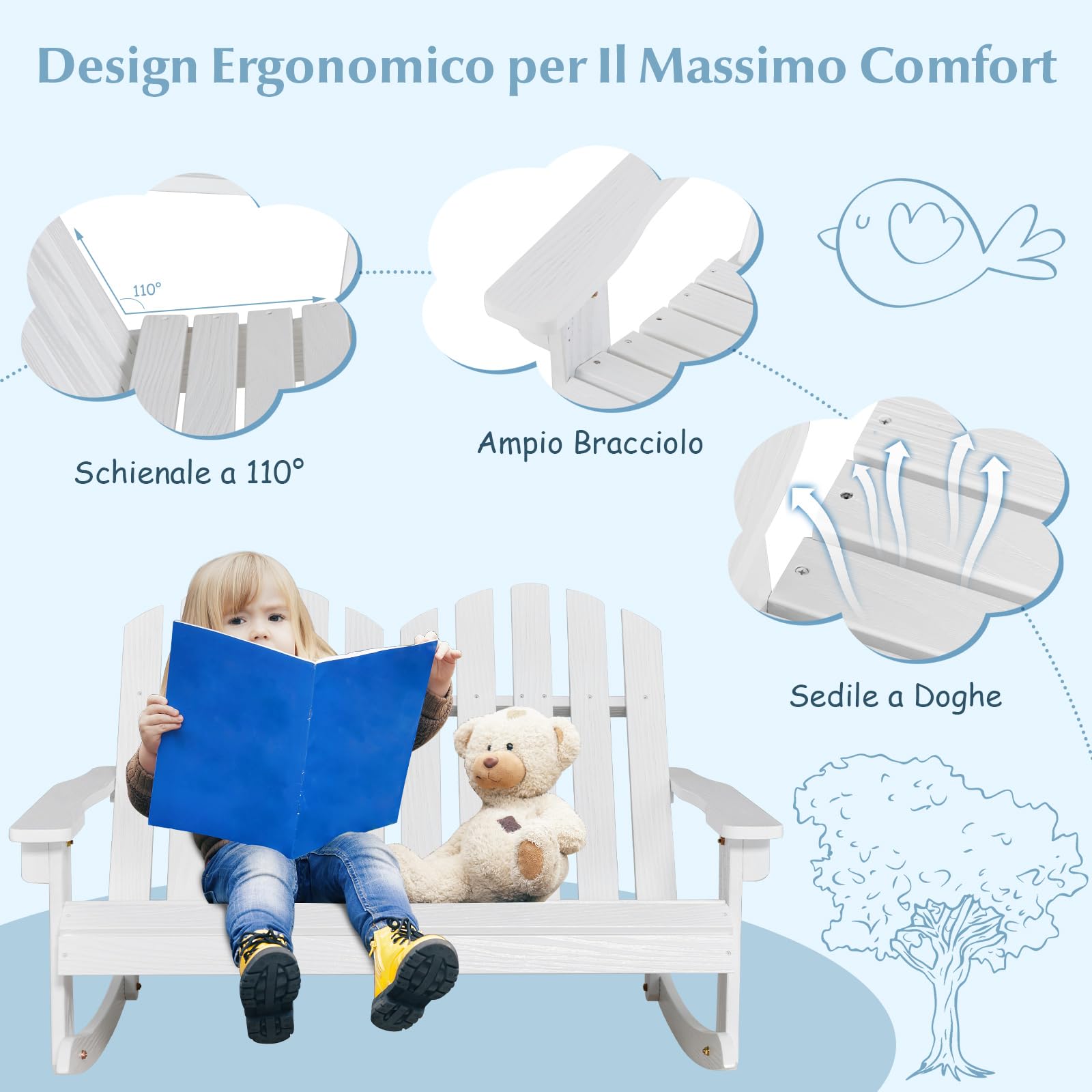 COSTWAY Sedia a Dondolo Adirondack per Bambini, in Legno di Abete, Panchina da Esterno 2 Posti con Dondolio Sicuro, Schienale Alto e Braccioli, Portata 100 kg, Dondolo da Giardino e Balcone (Bianco)