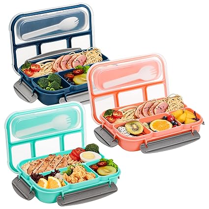 Okllen 3 Pack Bento Lunch Boxes with 4 Compartments and Spoon, Plastic Meal Prep Containers with Lids, Leakproof Food Storage Snack Container for Kids, Adults, Work, Home, School Daycare, 3 Colors