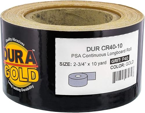 Miniatura 2 de Dura-Gold Papel de lija Longboard PSA 40 grano dorado premium, rollo de 10 yardas, 2-3/4" de ancho, autoadhesivo con respaldo pegajoso, rollo