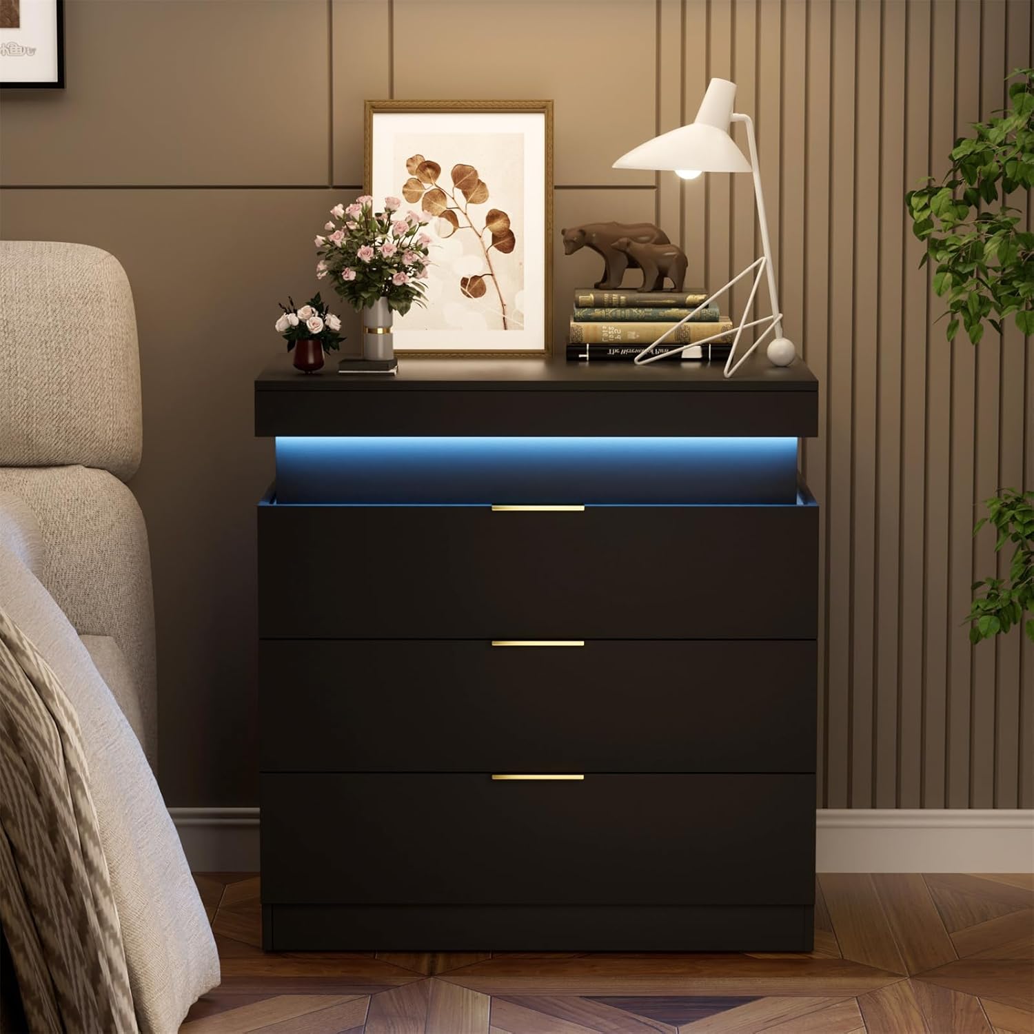 LED Nightstand with 3 Drawers, Bedside Table with Sliding Top for Bedroom Furniture, End Side Table with Charging Station and LED Lights, Modern Black Night Stand, 28.8''W x 17''D x 30.5''H
