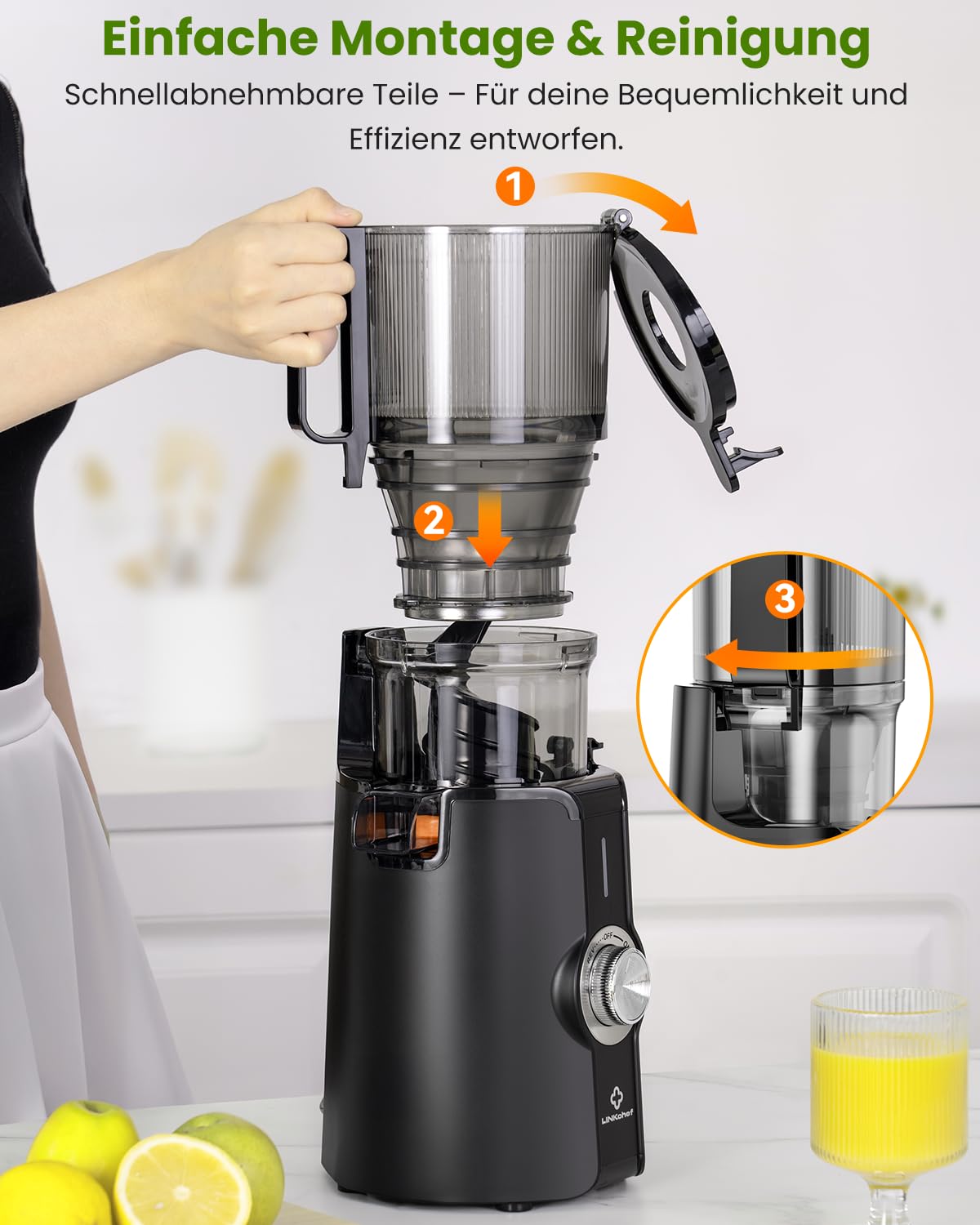 LINKChef Entsafter Slow Juicer 200W Kaltentsafter 115 mm Große Öffnung BPA-freie Saftpresse Schwarz