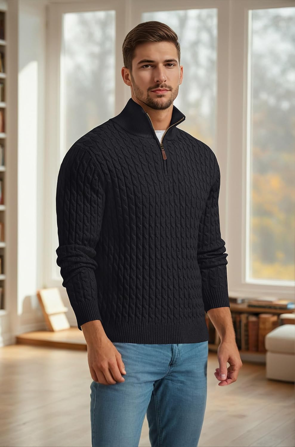 Askdeer Men's Quarter Zip Pullover Sweater Cable Knit Mock Neck Polo Sweater Classic Casual Sweater with Ribbing Edge - Image 3