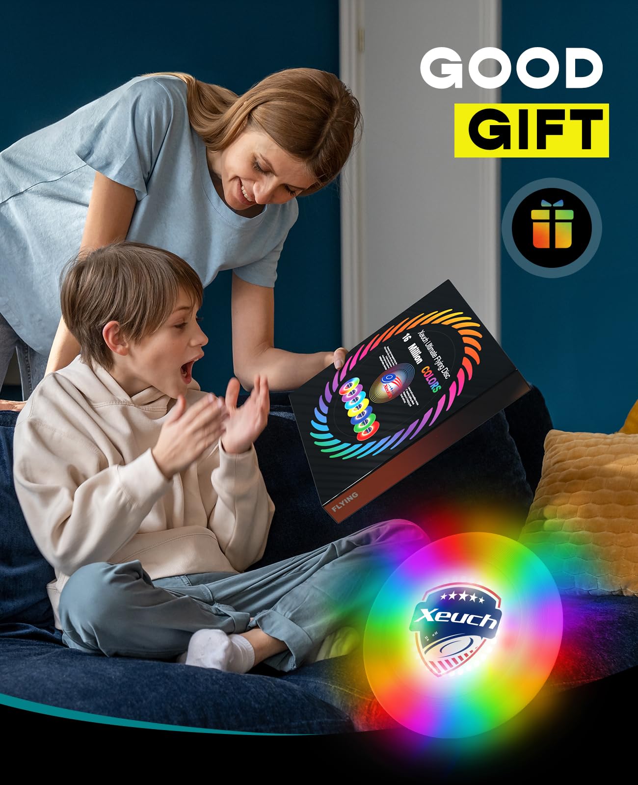 Xeuch Paquete de 2 discos voladores iluminados, disco brillante con 30 LED RGB, 16 modos de luz, 4 brillo, tiempo de reproducción de 6 horas, temporizador y sensor integrados, 175 g, regalos de