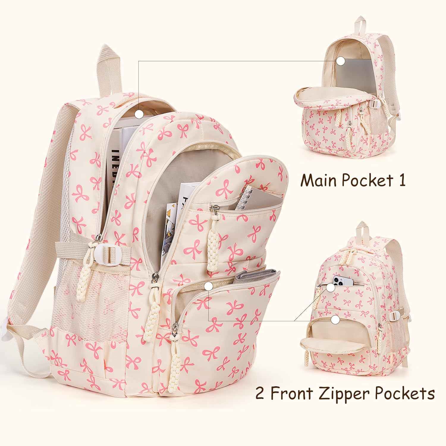 Bow Backpack for Women Kawaii Coquette Nylon Backpack 3Pcs Set Cute College Laptop Rucksack Fashion Travel Daypack (White Pink) - Image 3