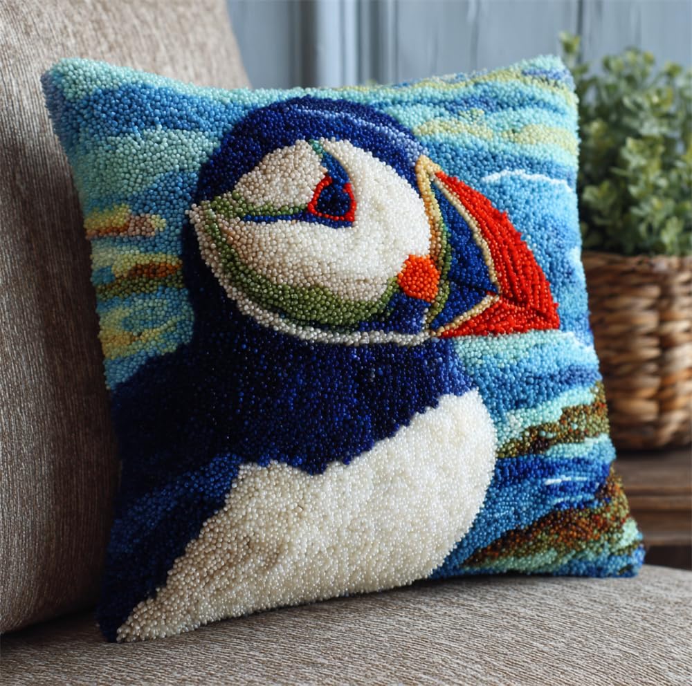 Latch Hook Cushion Kit Puffin 43Cmx43Cm Pattern Pillowcase Sewing Making Kits DIY Croet Yarn Kits Cross Stitch Embroidery Kits for Adults Kids DIY Craft Carpet Making Kit