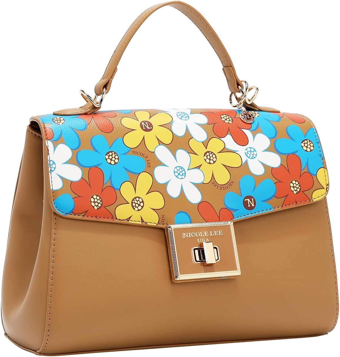 Nicole Lee Floral Pop Handbag, Vegan Leather, Retro Style, Detachable Shoulder Strap, Floral Pattern