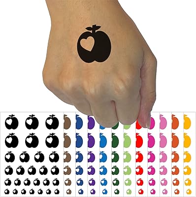 Apple with Heart Temporary Tattoo Water Resistant Fake Body Art Set Collection - Yellow (One Sheet)