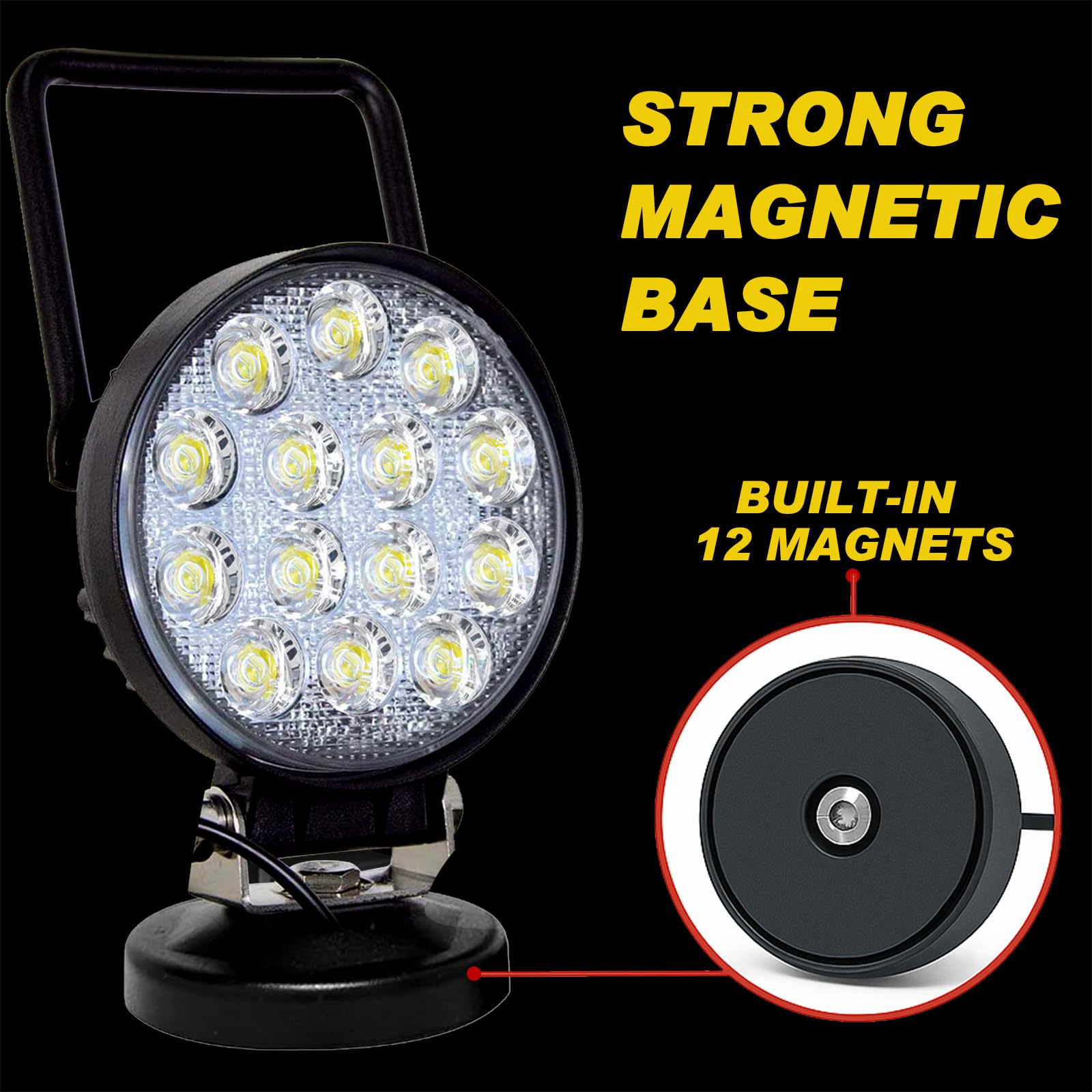 Willpower 1Pcs faro da ricerca led, 4 pollici 42w faretti led con base magnetica, Impermeabile Faro led 12v per Trattore Camion Off Road Auto SUV ATV 4x4
