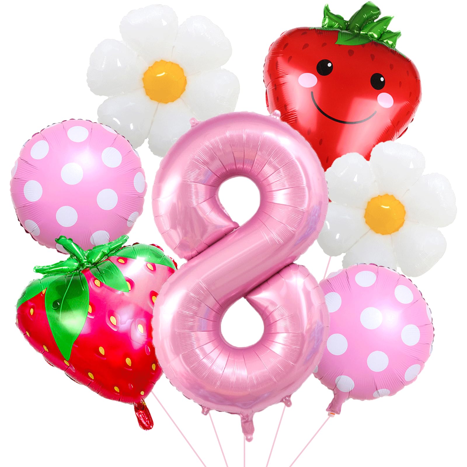 7Pcs Berry 8th Birthday Decorations for Girls, 8 Year Old Birthday Decorations Include Daisy Balloons, Pink 40 Inch Number 8 Balloon for Strawberry