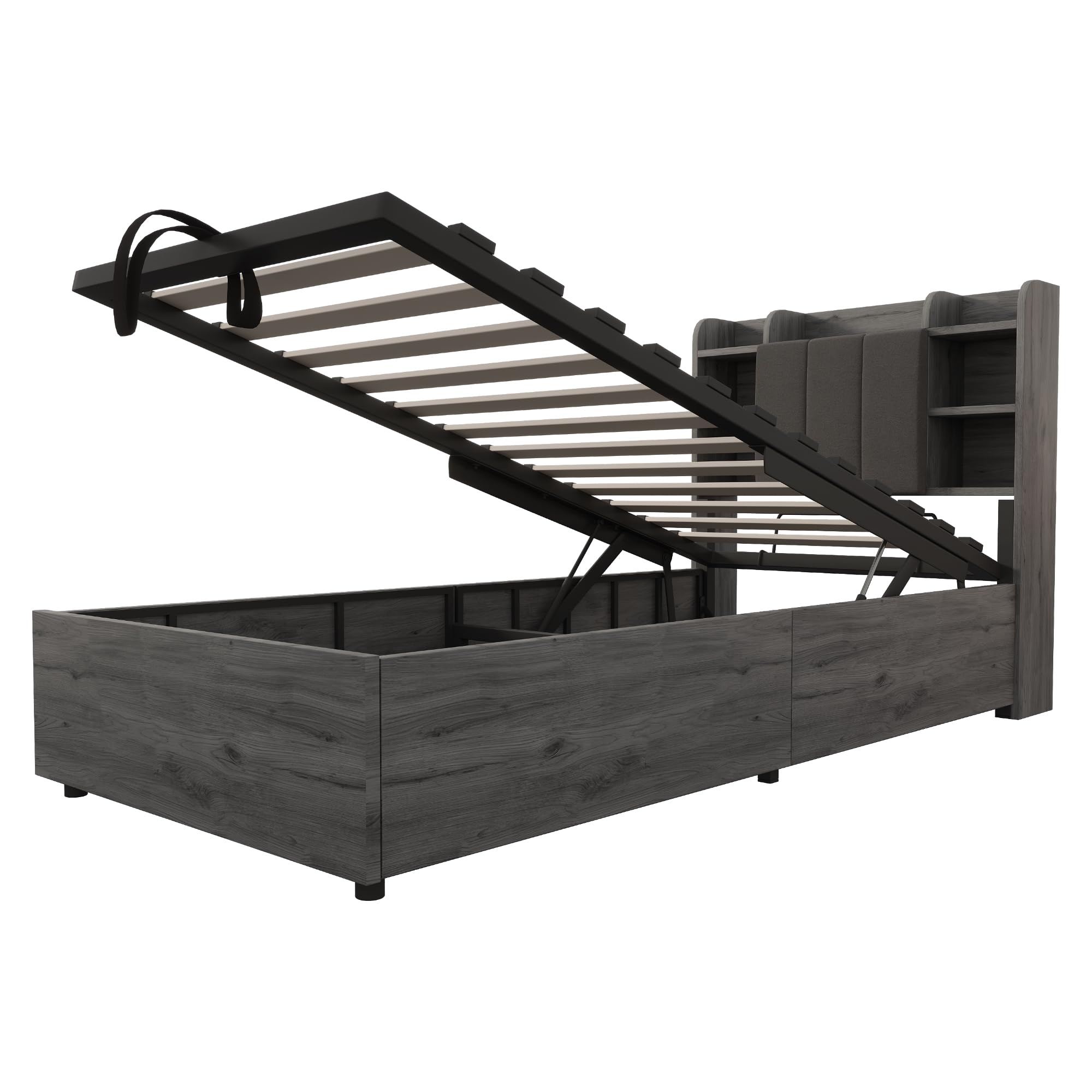 Mrwoo Cama de Madera 90x200cm, Cama Hidráulica con USB, Cabecero con Espacio de Almacenamiento, Gris (Cama Sin Colchón)