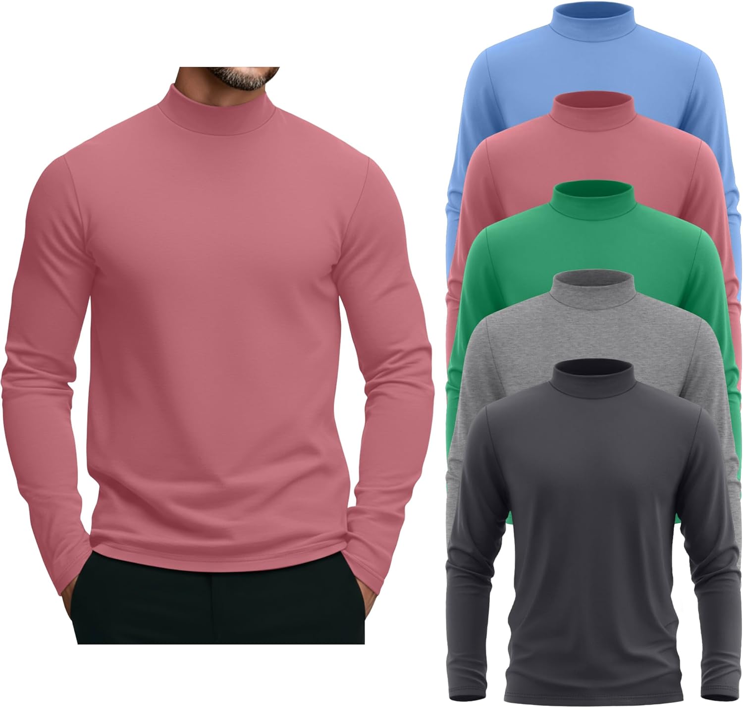 5 Pack Men's Mock Turtleneck Shirts, Long Sleeve Tops Pullover Basic Casual Slim Fit Lightweight T-Shirts Pack