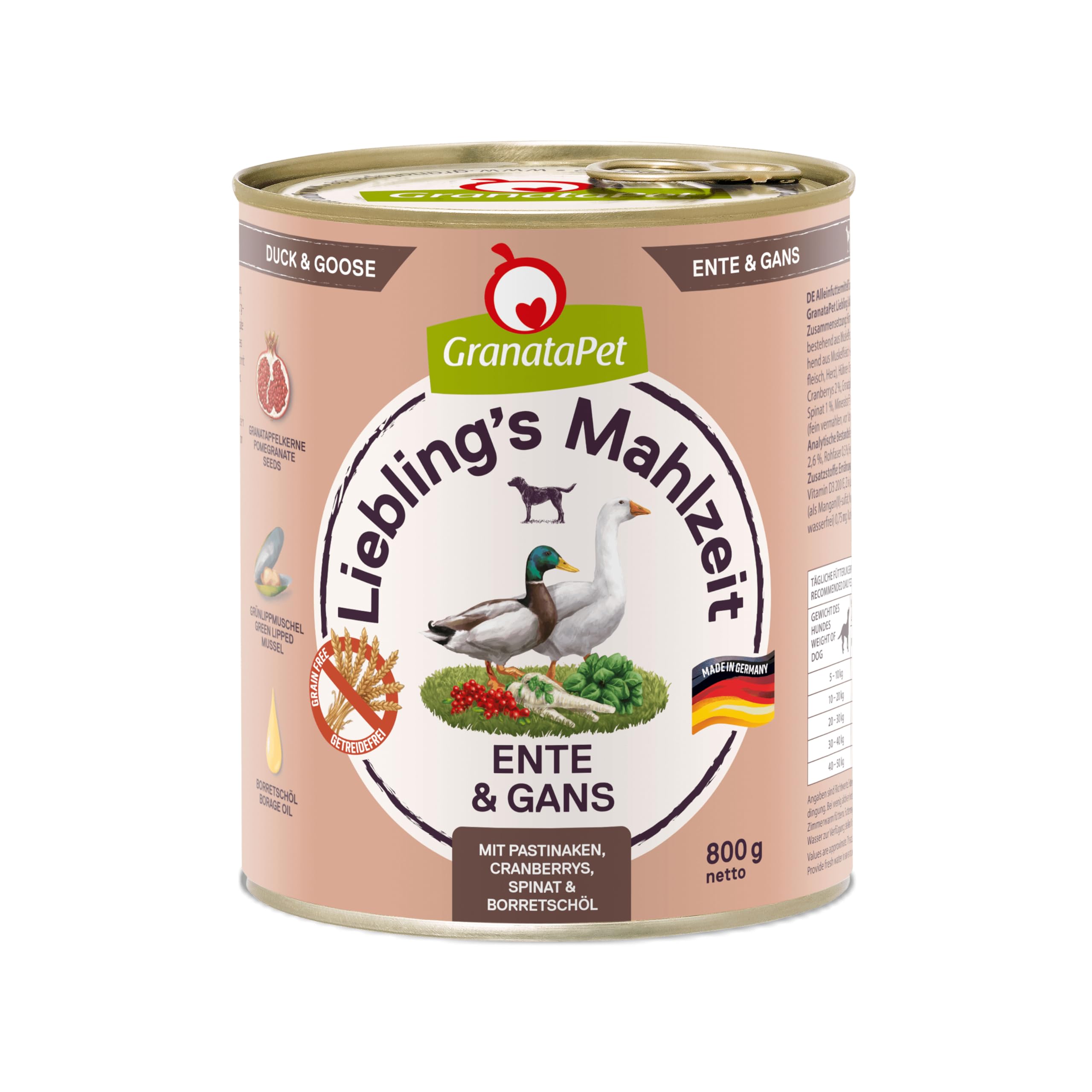 GranataPet Liebling's Mahlzeit kaczka i gęś, mokra karma dla psów, karma dla psów bez zbóż i bez dodatków cukru, mieszanka paszowa pełnoporcjowa, 12 x 800 g