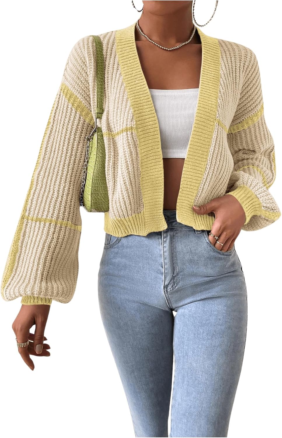 COZYEASE Women's Color Block Crop Cardigan Top Bishop Long Sleeve Open Front Sweater