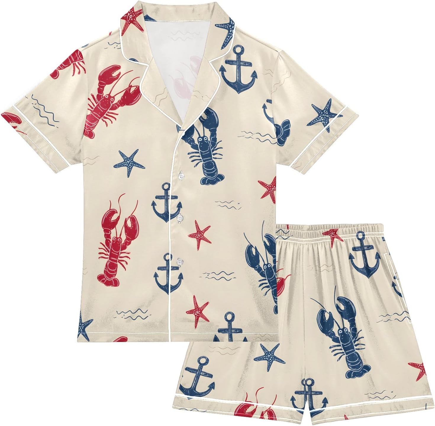 Kids Casual Satin Wear Set Anchor Shrimp Pattern Unisex Short Sleeve Clothing for Relaxing