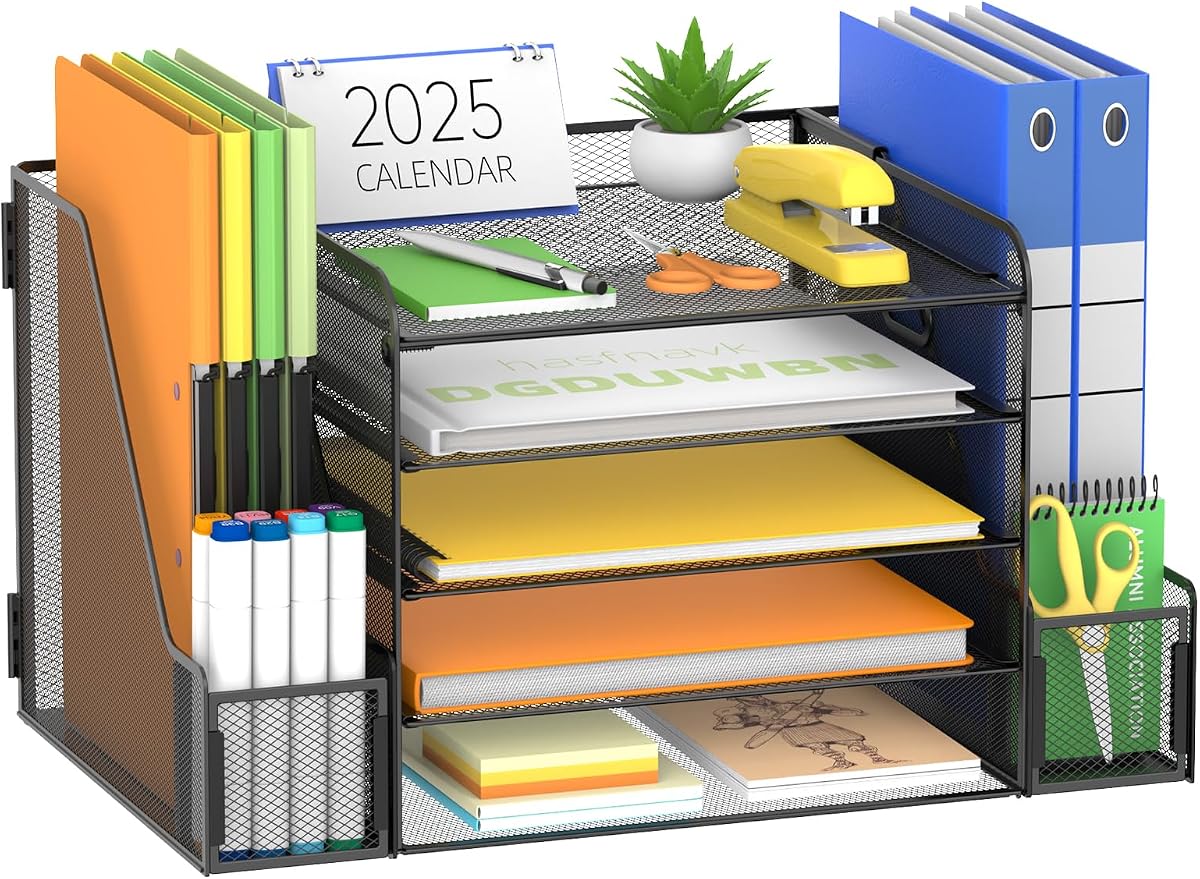 5-Tier Desk Organizer with Paper Trays, File Holders and Pen Holders, Black | Paper Organizer for Desk with 4 Sliding Paper Trays, Side File Holders and Pen Holders for Files, Books and Supplies