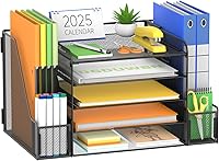 Vista 1 de SUPEASY Organizador de escritorio de malla de 5 niveles con soporte para archivos y sujetalibros, organizador de bandejas de papel de metal con 2