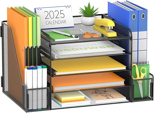 SUPEASY Organizador de escritorio de malla de 5 niveles con soporte para archivos y sujetalibros, organizador de bandejas de papel de metal con 2