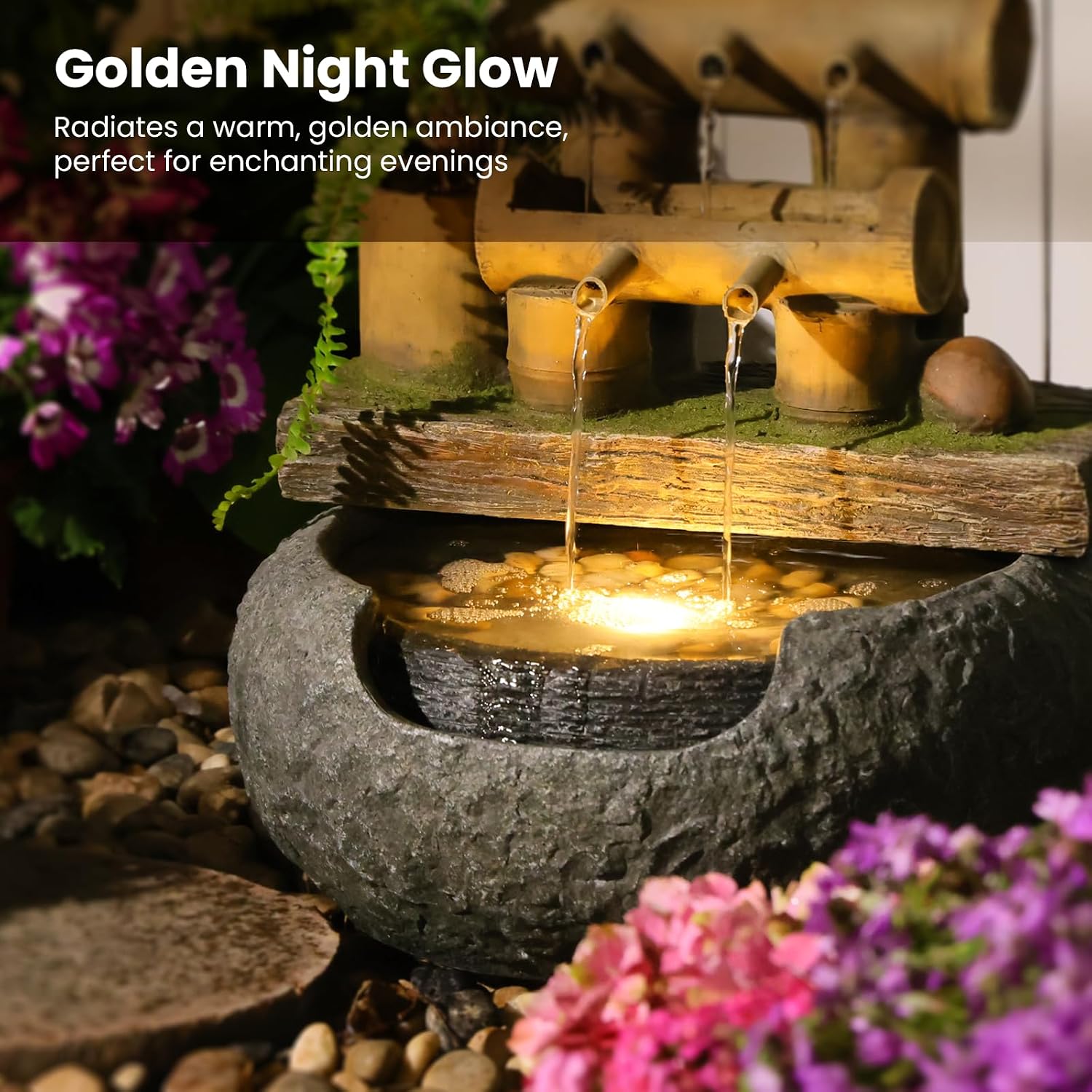 Sunlinua Zen Water Fountain Outdoor - Realistic Bamboo Garen Fountain with Adjustable Quiet Pump for Indoor Outdoor Bowl Fountains, 17 inch Height