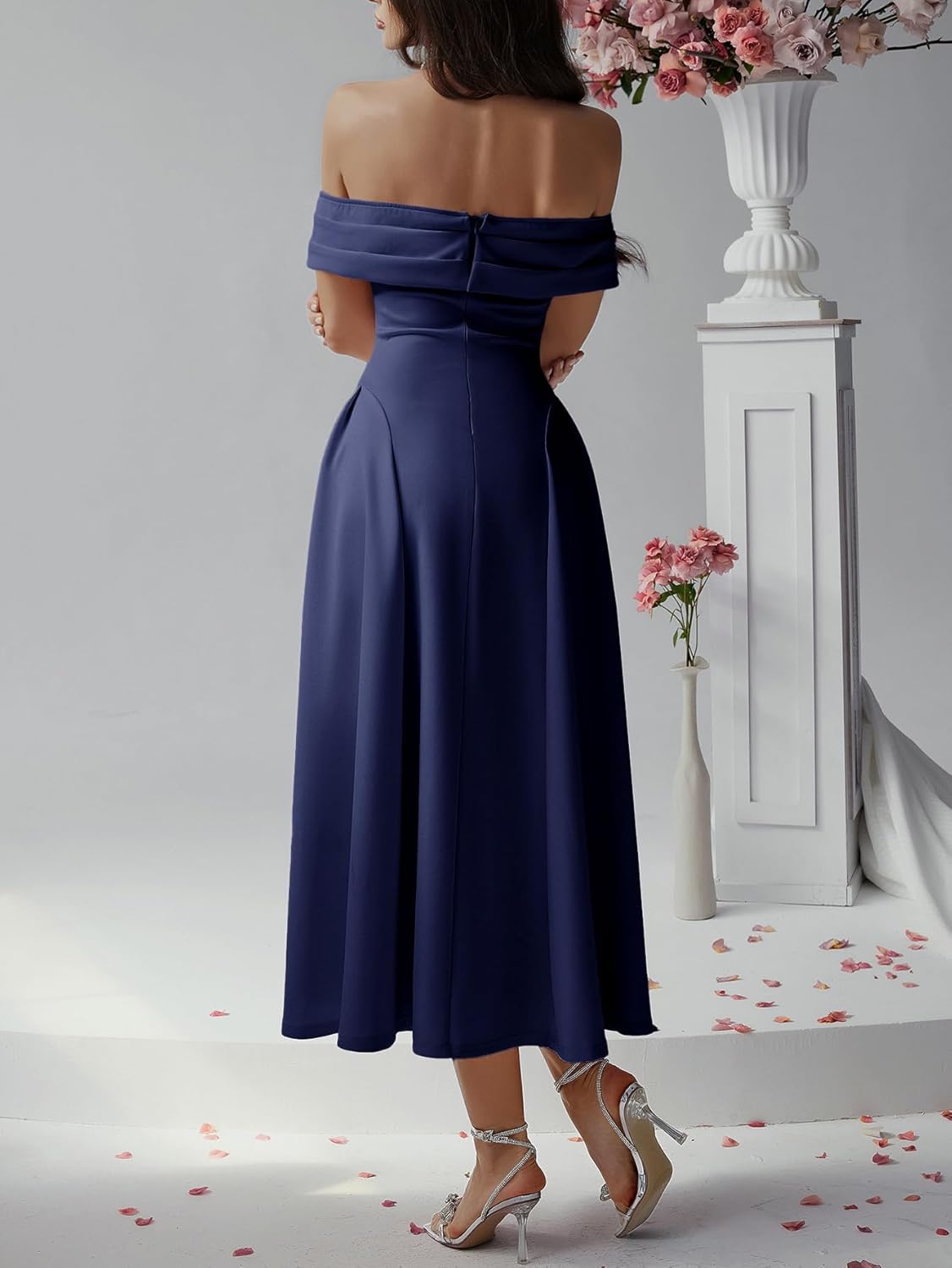 Formal Cocktail Off Shoulder Dresses for Women Elegant Swing Aline Wedding Guest Engagement Party Midi Dress - Image 3