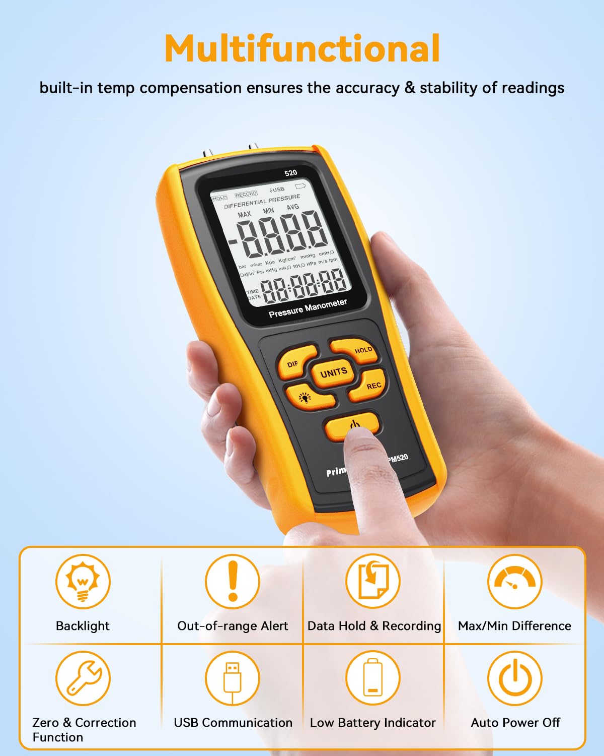 Manometro digitale tester di pressione del gas, misuratore di pressione dell'aria a doppia porta per HVAC, condotti del forno, valvola del gas riscaldatore, forno a gas, caldaie, pompa d'aria, perdite