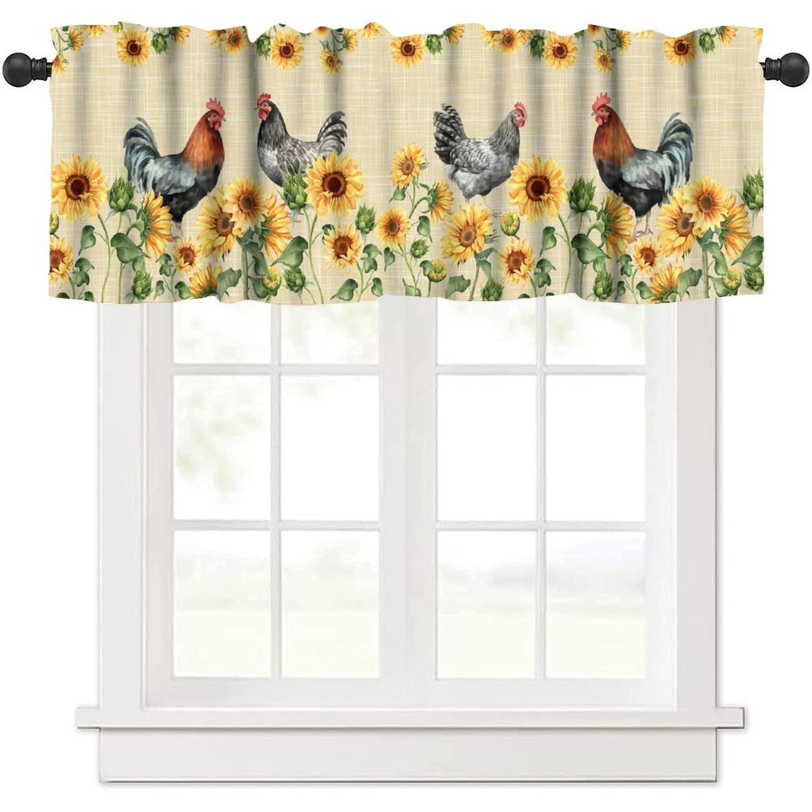 moderw Rooster Sunflower Window Valance Curtains Vintage Farm Chicken Window Treatments Chick Flower Curtain Valance for Farmhouse Kitchen Living Room 54x18inch