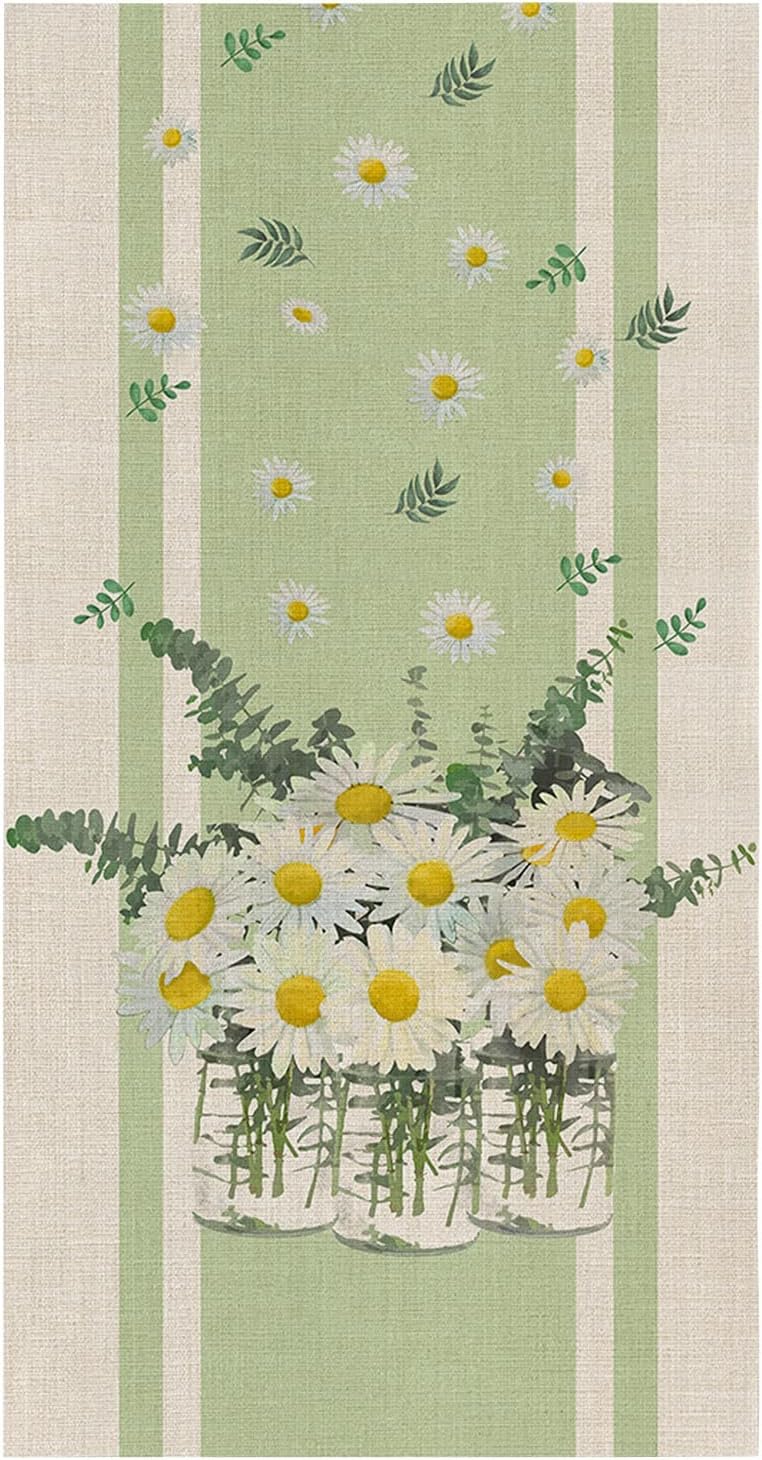 Chucoco Dish Towels for Kitchen, Hand Towel Cleaning Cloths Idyllic Farm White Daisy Absorbent Fast Drying Dish Rags, Retro Blooming Floral on Linen Grain Bathroom Cloth Set of 4 with Hanging Loop