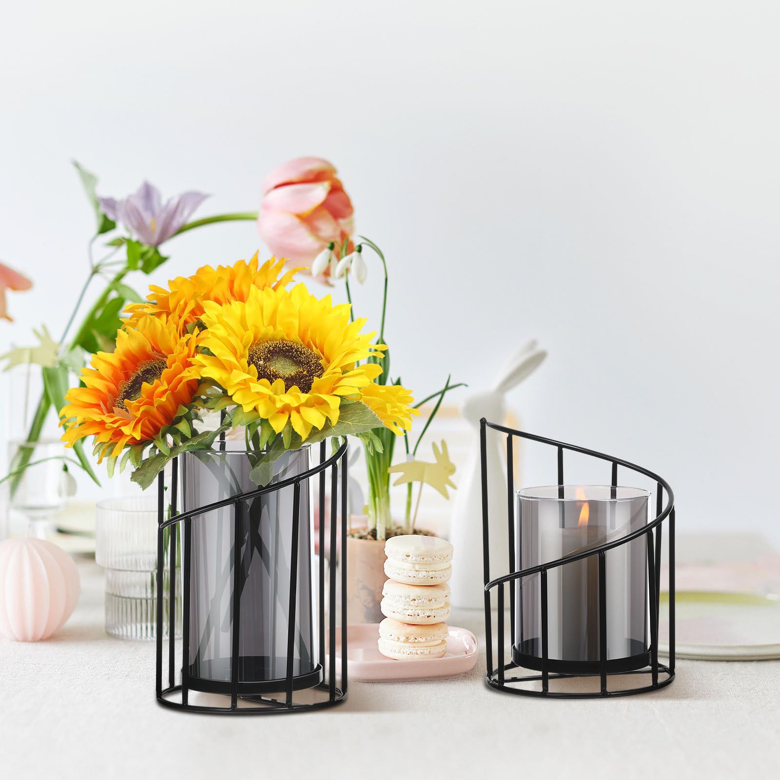 Mikikit 2 Stück Windlicht aus Glas und Eisen Moderner Hängender Kerzenleuchter als Multifunktionale Tischdekoration mit Geometrischem Design für Wohnzimmer und Hochzeit