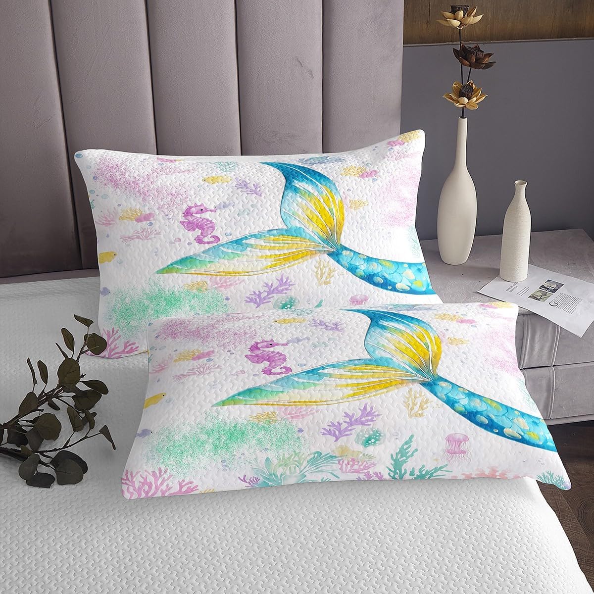 jejeloiu Mermaid Bedspread King Size Kids Ocean Life Sea Animal Coverlet Set for Boys Girls Teens Blue Pink Fish Scales Quilted Coverlet Breathable Soft Lightweight Microfiber Princess Room Decor