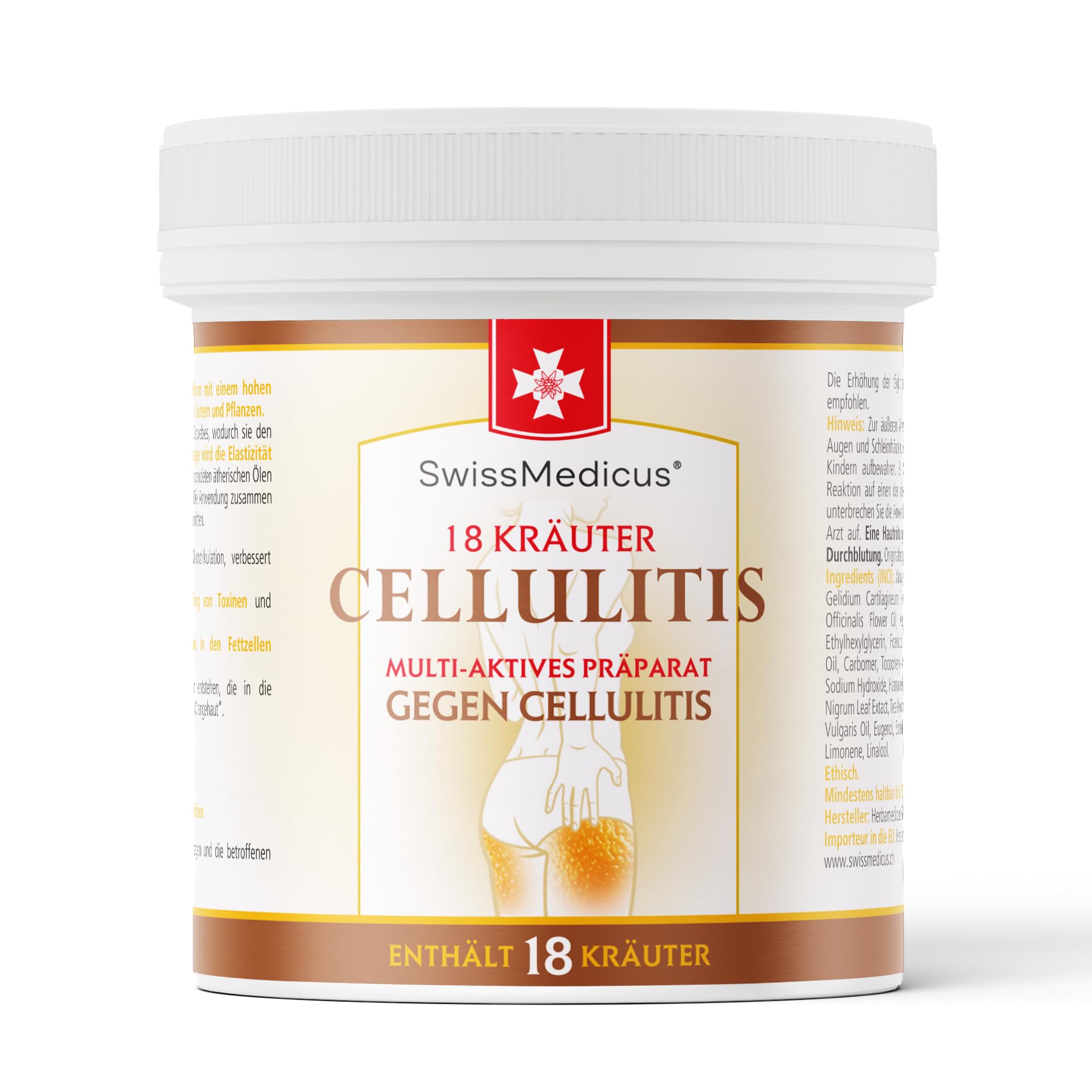 SwissMedicus Cellulitis Gel Anticelulítico para Masaje, 18 Hierbas, 500 ml | Textura Gel, Aroma Herbal y Calor Agradable en Gel Anticelulitico para Piel de Naranja y Rutina Reafirmante Corporal en Casa