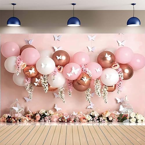 Telón de fondo para bebé recién nacido, 1er cumpleaños, globo rosa, mariposa, telón de fondo para baby shower, retrato de fotografía, telón de fondo