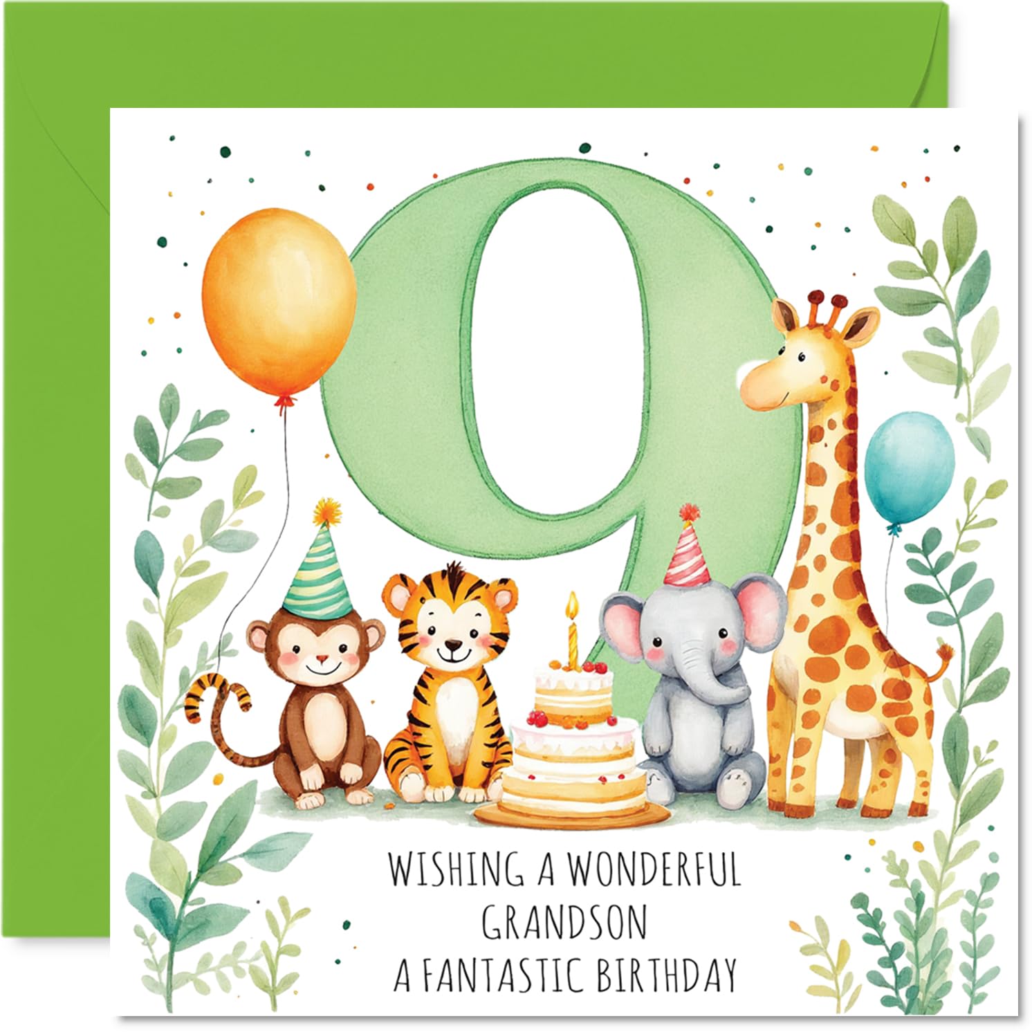 Playful 9th Birthday Card for Grandson - Bursting with Birthday Fun - Cute Animals and Birthday Cake Design, Bold Number 9-145mm Square, Envelope Included