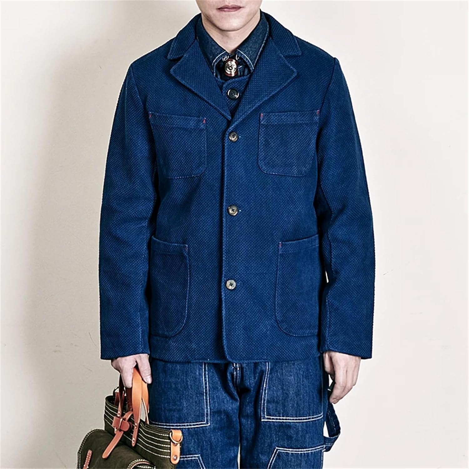 Men's Cargo Jacket Heavy Weight Cotton Lapel Multi Pocket Jacket Vintage Thick Single Breasted Workwear Coat