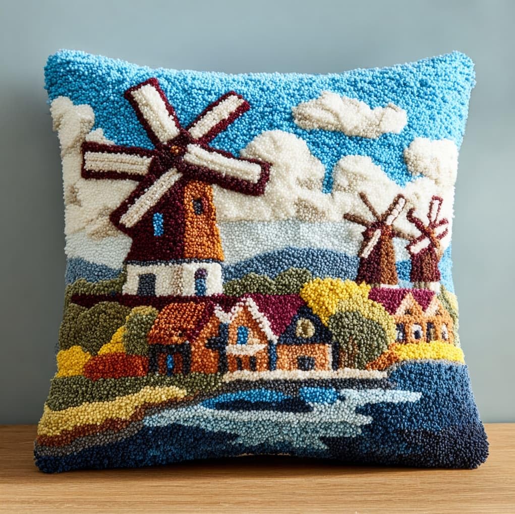 Wallustrioaw Windmills In The Village Latch Hook Pillow Kits Cushion,