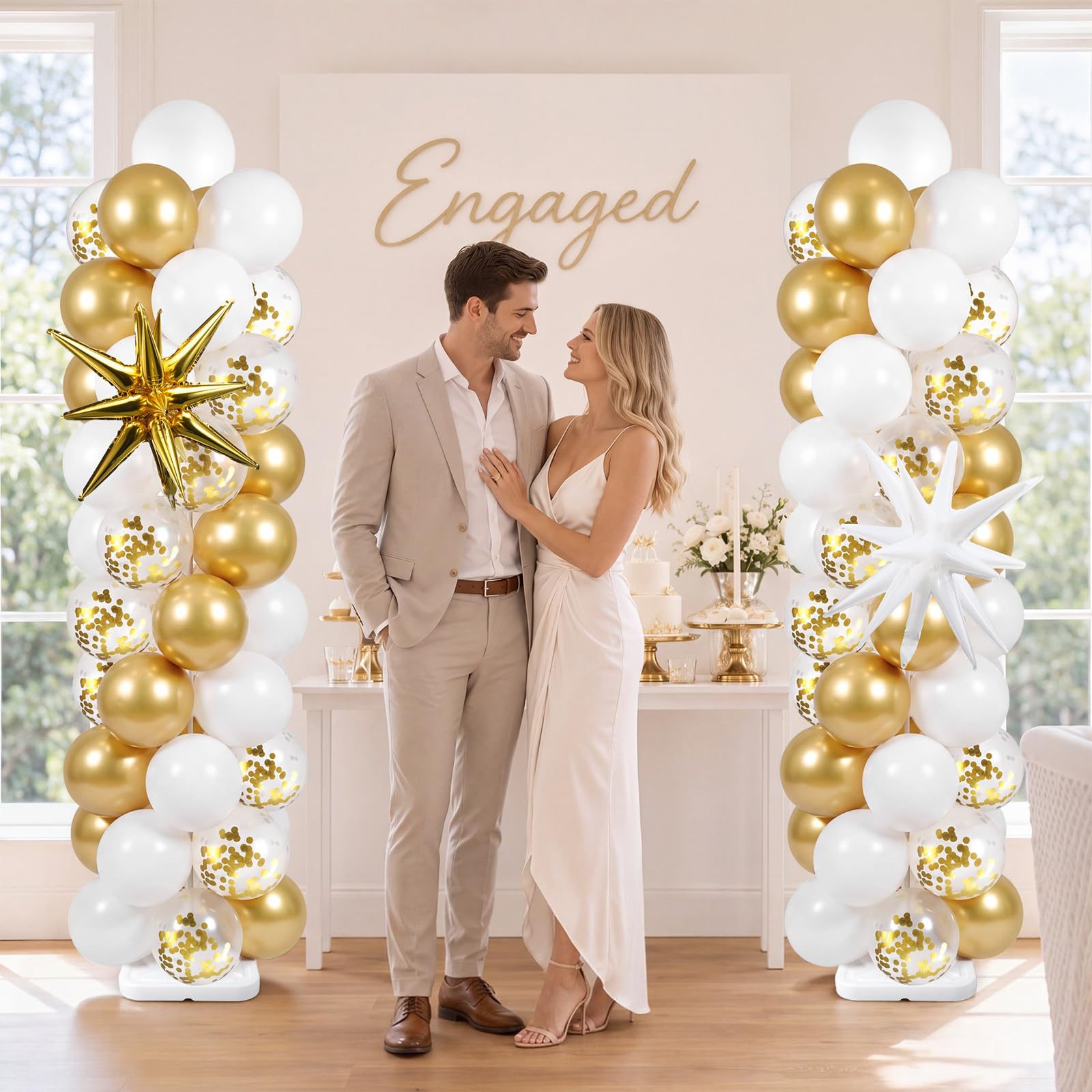 Skylety 2 set di supporti per palloncini bianchi e oro regolabili in oro bianco con basi per compleanni, matrimoni, addio al nubilato, anniversari, feste, baby shower, decorazioni