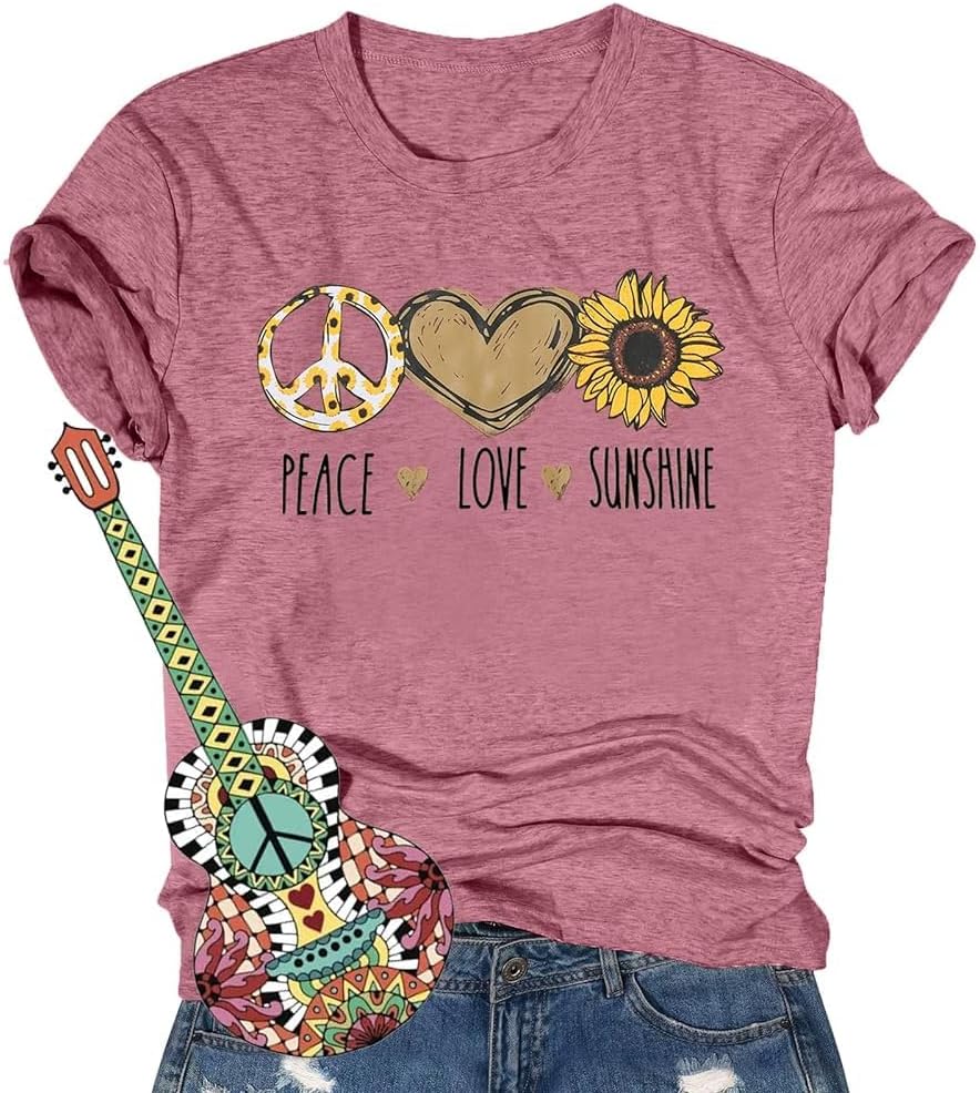 Peace Love 60s 70s Shirt Women Sunflower Graphic Shirt Hippie Lover Gifts T-Shirt Groovy Short Sleeve Tees Tops