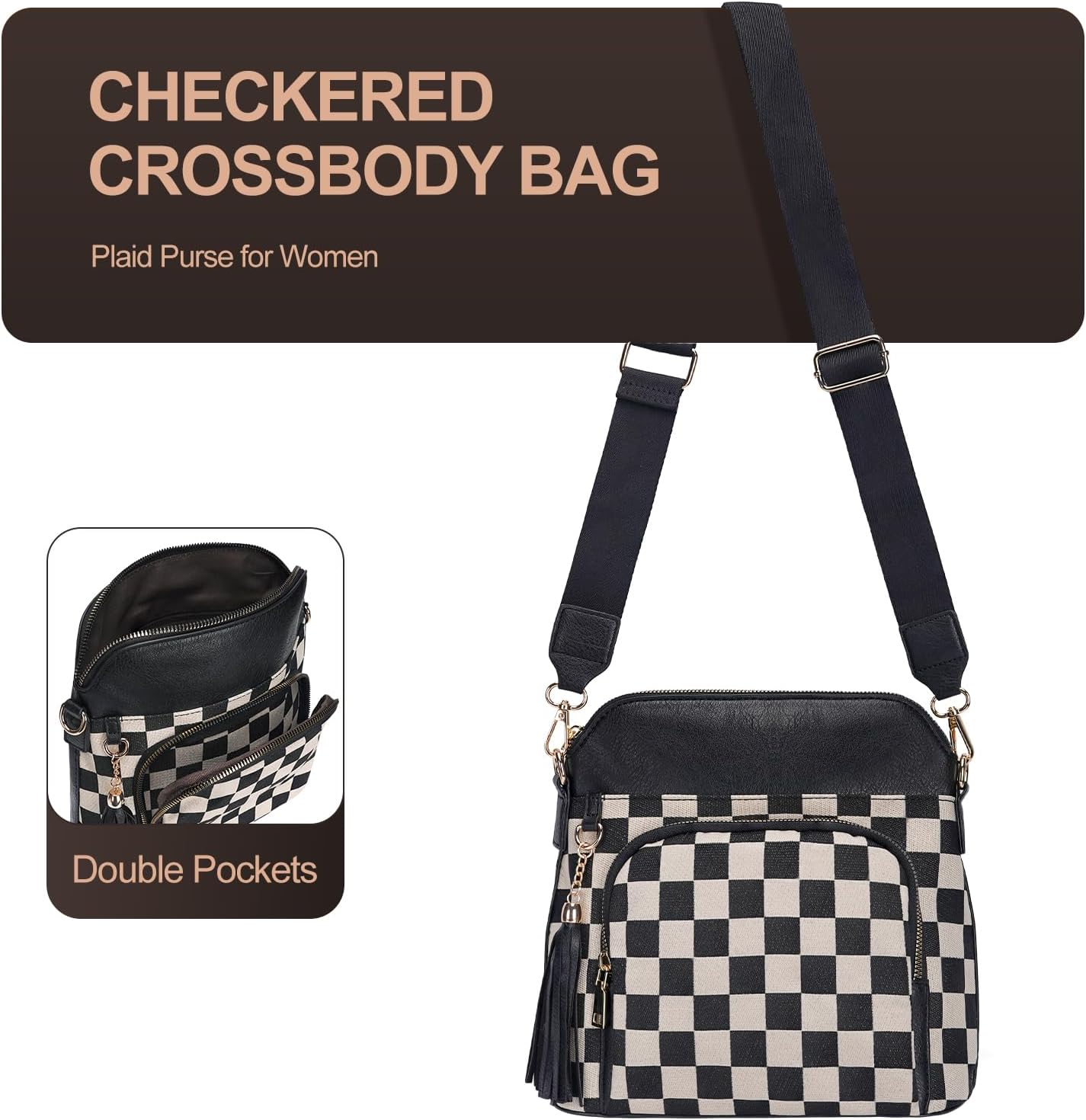 Checkered Crossbody Bag for Women, Checkered Purse with Leather Tassel,Plaid Cross Body Bags Shoulder Handbags - Image 5