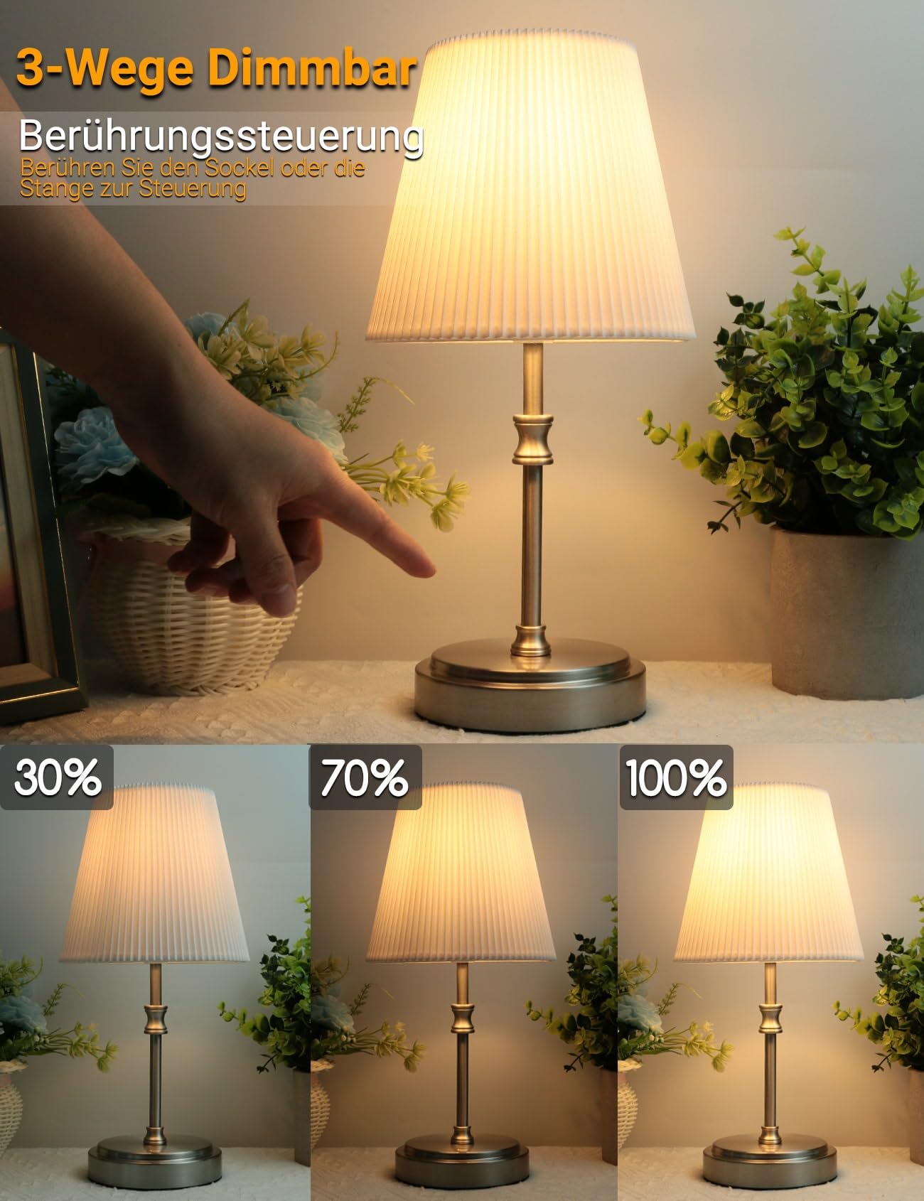 Dotykowa lampka nocna, 31,5 cm ściemnialna sterowanie dotykowe lampa stołowa LED nowoczesna lampa stołowa retro z żarówką do czytania salon pokój dziecięcy klosz z tkaniny do sypialni hotelu