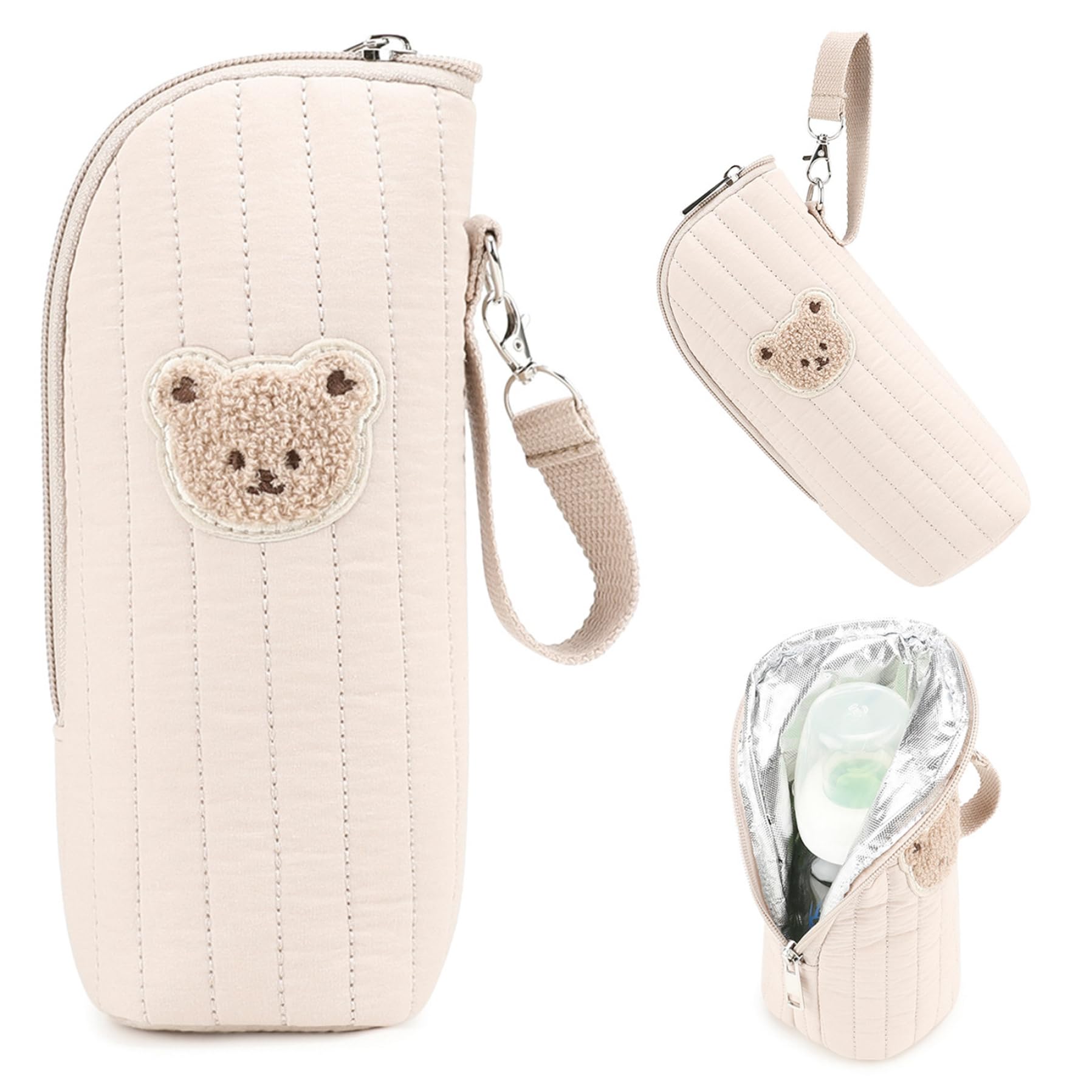 Insulated Baby Bottle Bag with Adorable Bear Embroidery - Breastmilk Cooler Travel Bag for On-the-Go, Portable Bottle Carrier with Handle for Stroller Khaki Insulated Baby