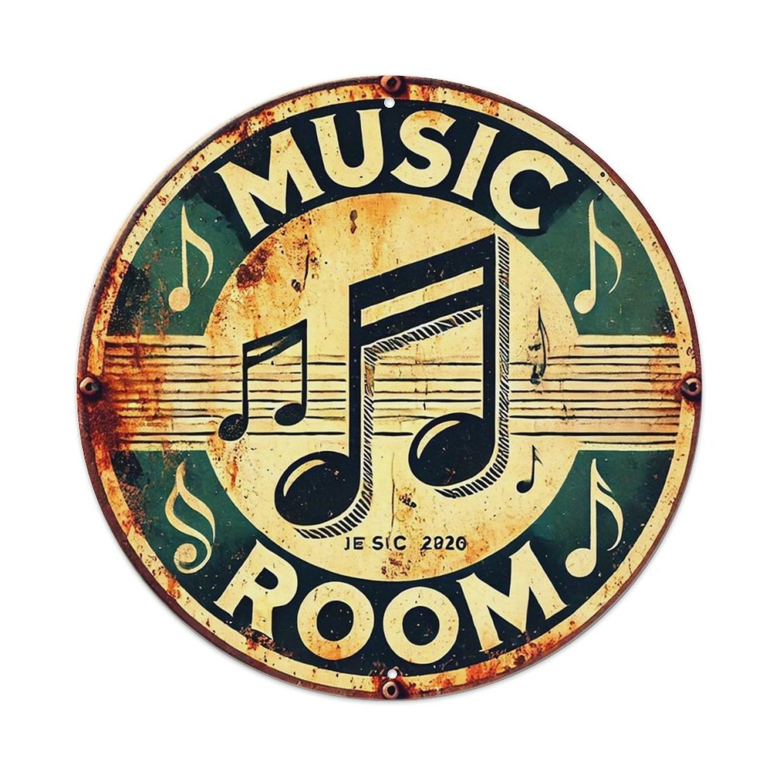 Music Room Sign With Notes Vintage Round Tin Sign Retro Metal Wall Decor Metal Poster, Home Bar Garage Cafe Wall Art Decoration 8x8Inches