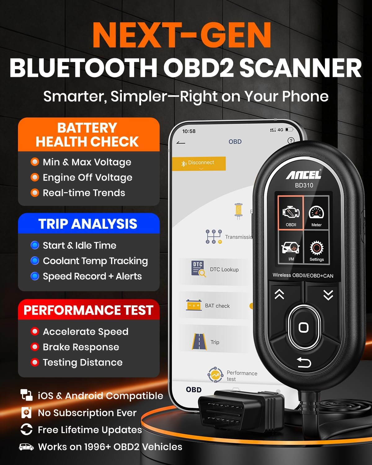 ANCEL BD310 OBD2 Scanner & Engine Code Reader - Advanced Battery Test, Trip Analysis, Performance Test, Bluetooth Diagnostic Tool for Android & iPhone - Works for All 1996+ Vehicles - Image 2