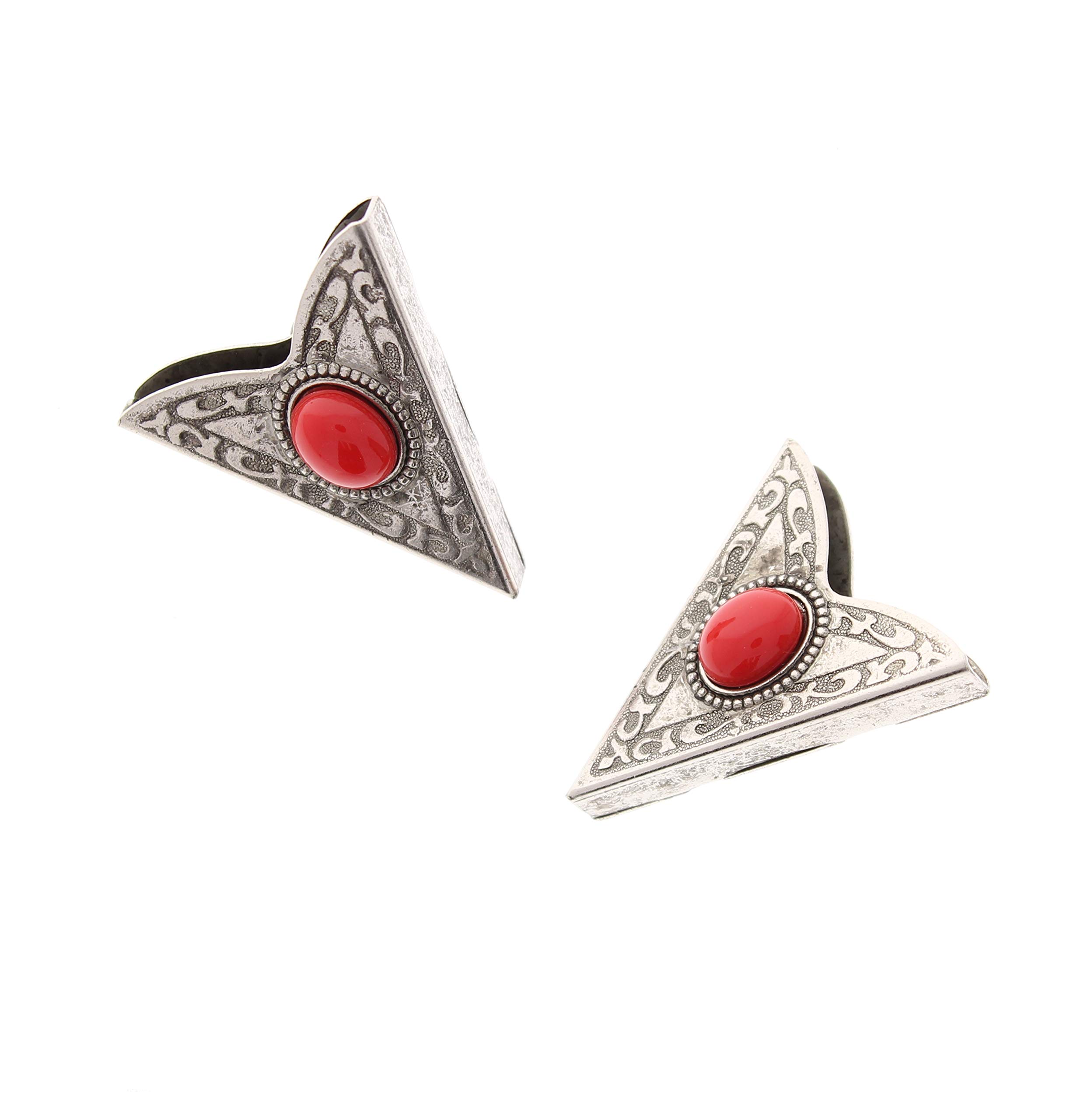 HHH Design Antique Silver Finish Western Collar Tip - Red Stone (Acrylic) Collar Stays - Collar Tips for Men and Women - Collar Pins - Made in USA