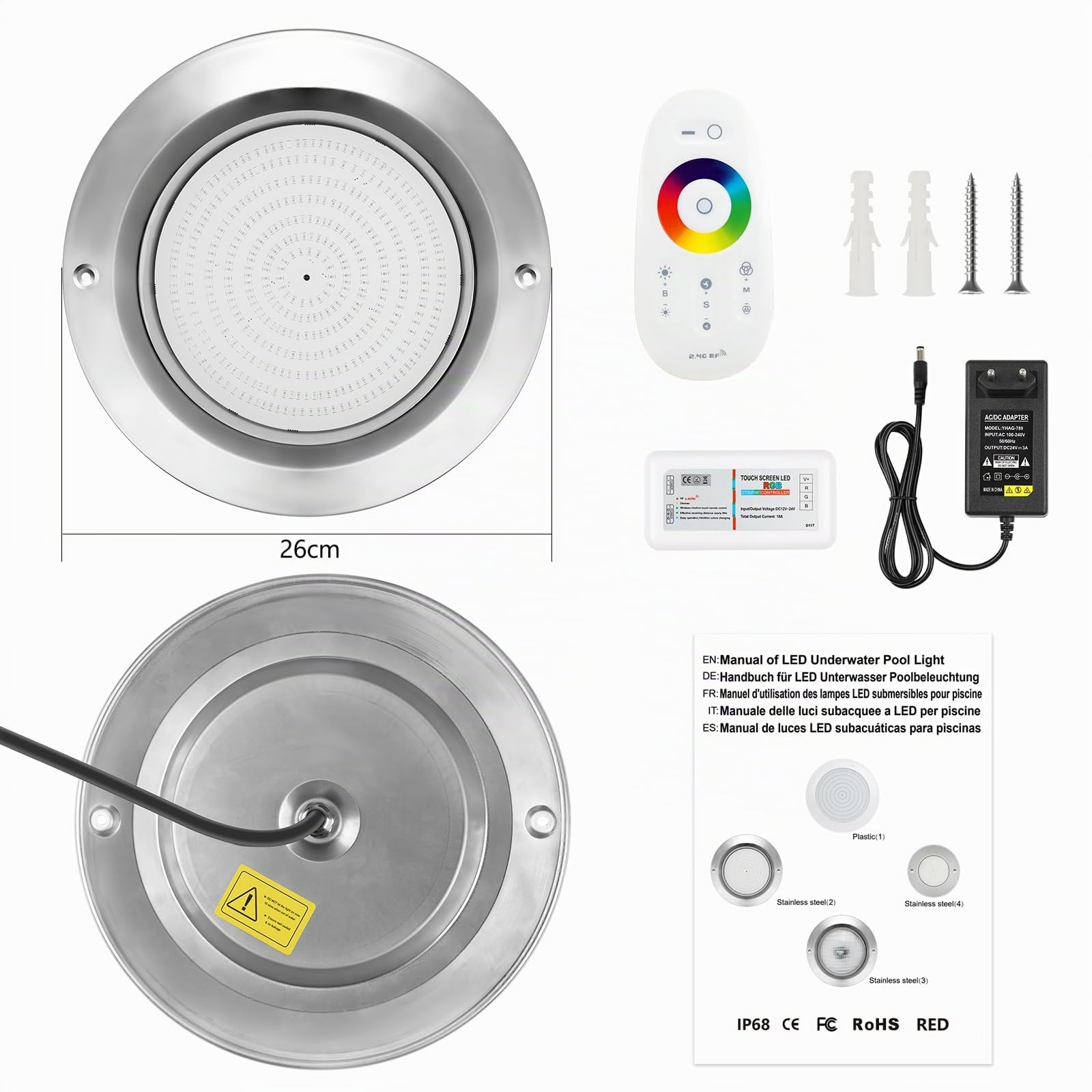 LED Poolbeleuchtung， 36W RGB Edelstahl Poolbeleuchtung Extra Flach， IP68 Unterwasserscheinwerfer Poolscheinwerfer mit Fernbedienung [24V]