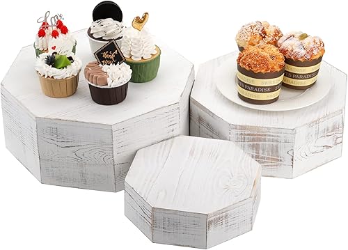 Hacaroa Juego de 3 soportes de madera para cupcakes octangulares, soporte de postre rústico encalado, caja apilable para aperitivos, accesorios,