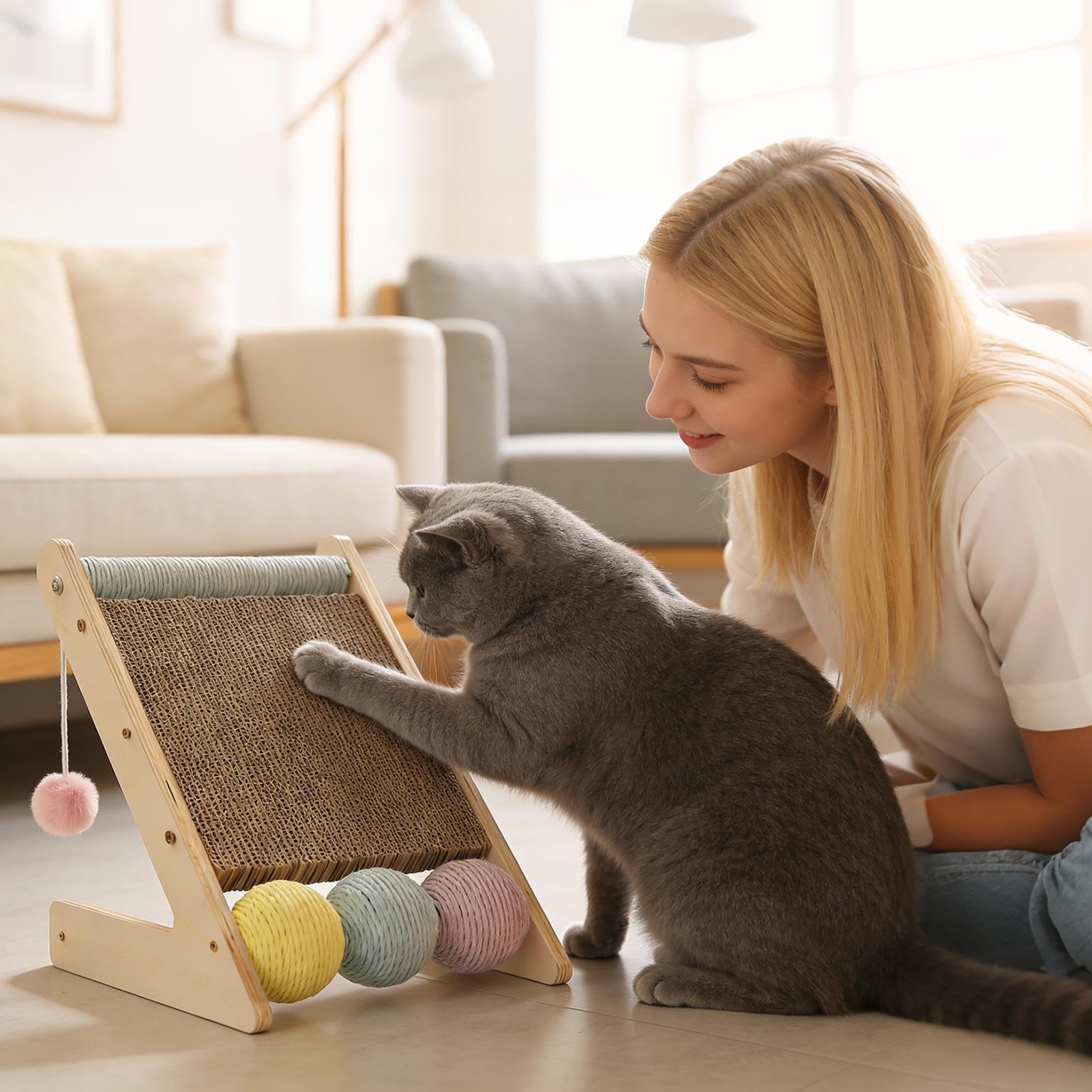 Rascador para Gatos Triangular de Cartón con Pelotas Interactivas | Tabla de Rascar para Gatos de Interior Para protección de , hogar, cama, sofá, alfombra, puerta y suelo